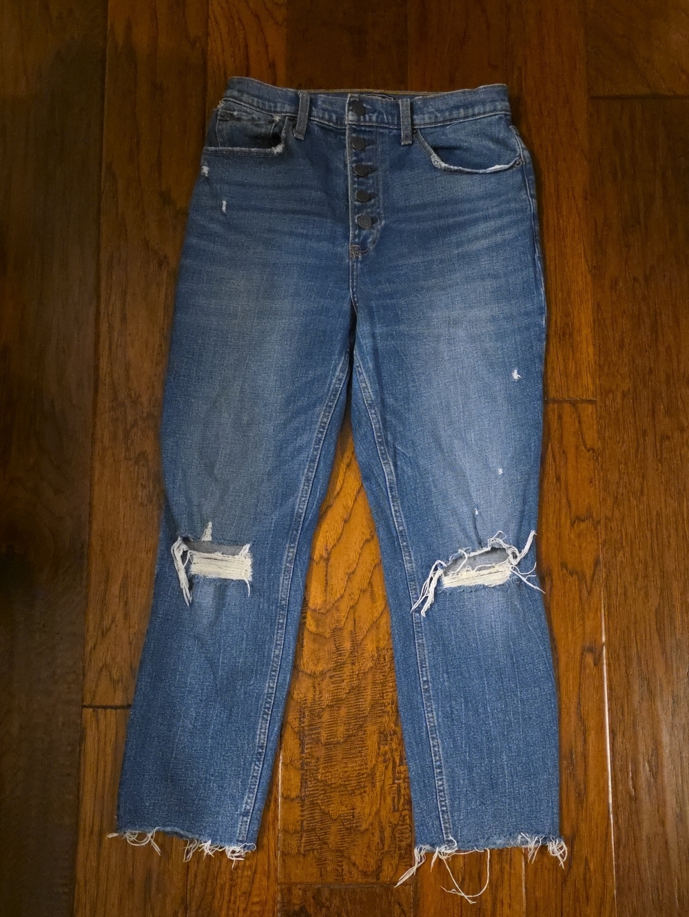 Women’s Distressed Blue High-Rise Button-Fly Jeans
